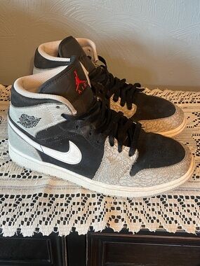 Jordan High-Top Sneakers in Black, White & Grey with Elephant Print